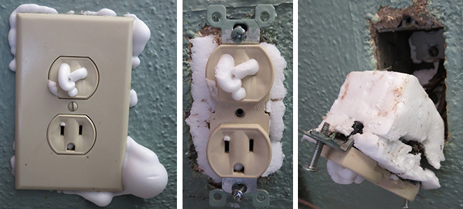Injection foam insulation breaches an electrical outlet.