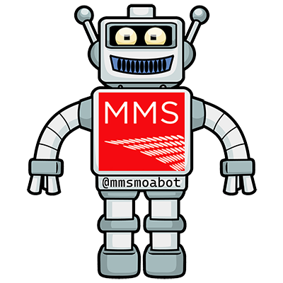 Cartoon robot image of the @mmsmoabot with breastplate advertising MMS and the bot Twitter handle