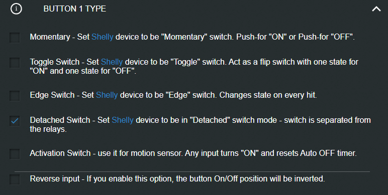 Shelly 1L Relay option for Button configuration with 'Detached' type selected.