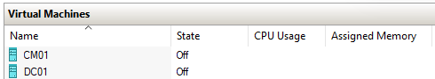 Screen snip of two available and offline Hyper-V VMs, DC01 and CM01, in Hyper-V Manager.