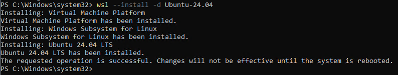 Screenshot of the output from wsl --install -d Ubuntu-24.04 instructing the user to reboot the system.