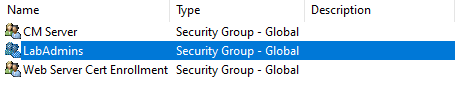 Snip of the security group list of the domain with three items shown.