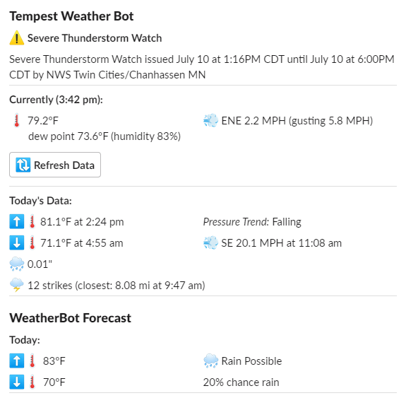Screenshot of WeatherBot App Home tab with an active alert