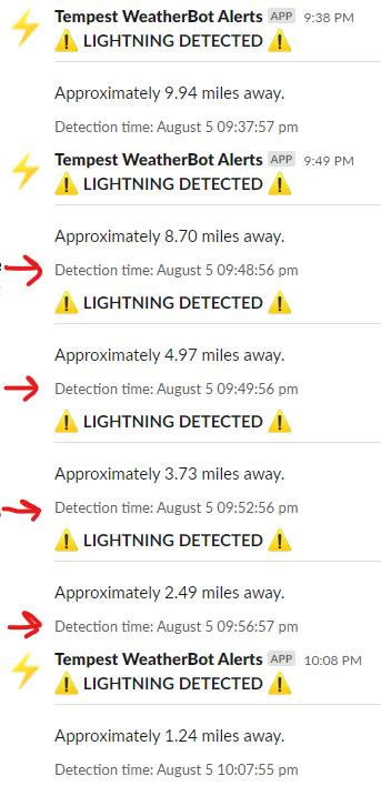 Screenshot of several WeatherBot lightning push notices in quick succession (over a 30 minute window)