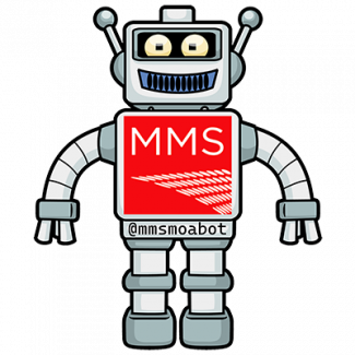 Cartoon robot image of the @mmsmoabot with breastplate advertising MMS and the bot Twitter handle