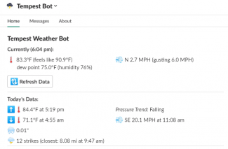 Slack Tempest WeatherBot App Home tab display with current conditions and daily statistics